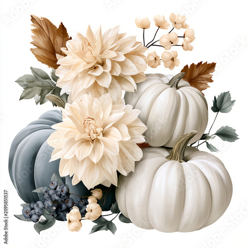 Fall arrangement with pumpkins and flowers on a white background, Halloween decoration 