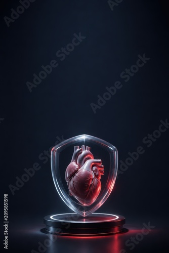 Human Heart Protected by Transparent Shield on Dark Platform