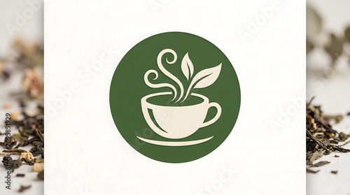 Minimalist vector logo design featuring a steaming warm tea cup with green leaves inside a dark green circular frame