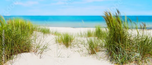 Panel kuchenny z motywem blurred background scenery baltic sea beach with white sand and green dune grasses in foreground, backdrop with copy space for beach holiday, travel and vacation
