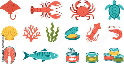 Photography Seafood and marine life flat vector icon set featuring fresh ocean animals and c