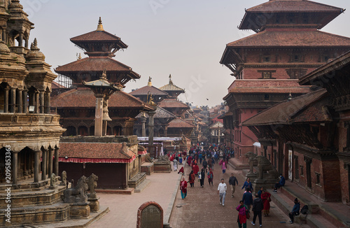 Historic Durbar Square with traditional Newari temples and daily life in Kathmandu, Nepal