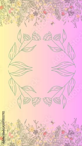 Pastel Floral Frame Background with Hand Drawn Botanical Wreath in portrait (9:16) format