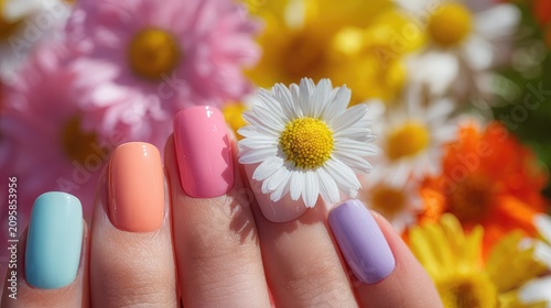 Colorful Nail Art with Flowers in Bright Spring Garden Setting