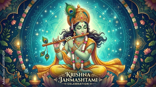 Lord Krishna Playing Flute Vector for Krishna Janmashtami Celebration, Teal Blue Background with Mandala and Peacock Feathers, Hindu Festival Illustration