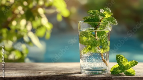 Refreshing Mint Water in Glass with Lush Green Background