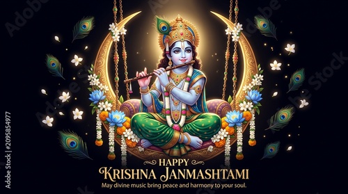 Happy Krishna Janmashtami Vector Greeting Banner with Lord Krishna Playing Flute on Golden Crescent Moon Swing, Peacock Feathers and Flowers Background