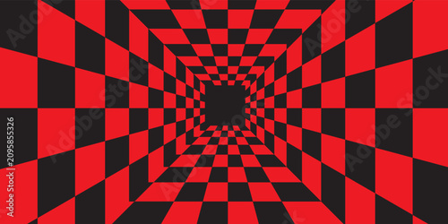 Bild auf Leinwand Abstract 3D optical illusion tunnel with red and black checkered pattern creating a deep perspective effect
