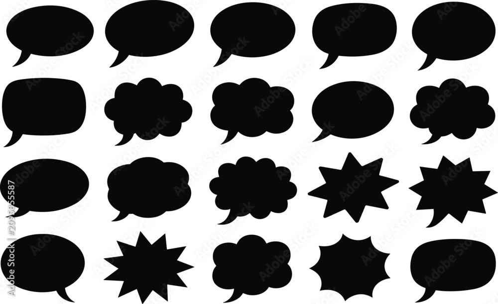 Fototapeta premium Collection of black speech bubbles and thought clouds on white background isolated vector graphics