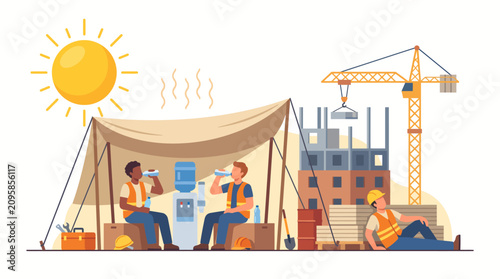 Tableau sur toile Exhausted construction workers seeking shade under a makeshift tent with a water