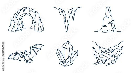 Bild auf Leinwand Cave Exploration Icons: Entrance, Icicles, Stalagmite, Bat, Crystals, Undergroun