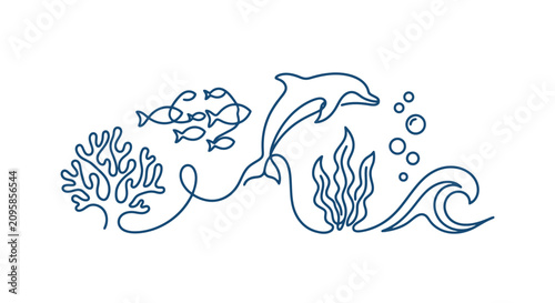 Bild auf Leinwand Ocean life illustration: dolphin, fish, coral, seaweed, waves, bubbles, continuo