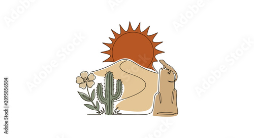 Foto Desert Landscape Illustration: Sun, Cactus, Flower, and Dune in Boho Style