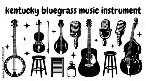 bluegrass music collection featuring banjo fiddle mandolin acoustic guitar upright bass vintage microphones wooden stools and traditional performance accessories arranged