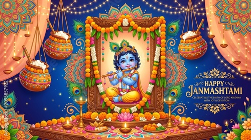 Happy Janmashtami Greeting Banner Vector Illustration with Cute Baby Krishna Playing Flute, Dahi Handi Hanging Butter Pots, Decorative Marigold Flowers, Peacock Feathers, and Diya Lamps for Hindu Fest