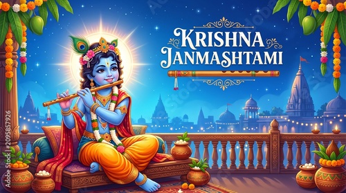 Krishna Janmashtami Greeting Banner Vector with Cute Little Bal Krishna Playing Flute, Mathura Temple Night Background, Makhan Pots and Garland Decoration
