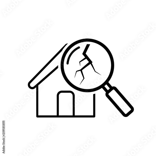 House icon under magnifying glass showing wall crack.