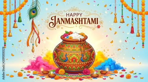 Happy Janmashtami Vector Illustration with Dahi Handi Pot, Peacock Feather, Marigold Garlands, and Festival Typography for Krishna Birthday Celebration Banner Background