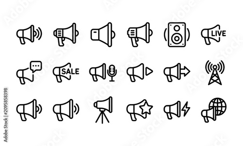Megaphone Marketing Announcement Outline Vector Icons Set