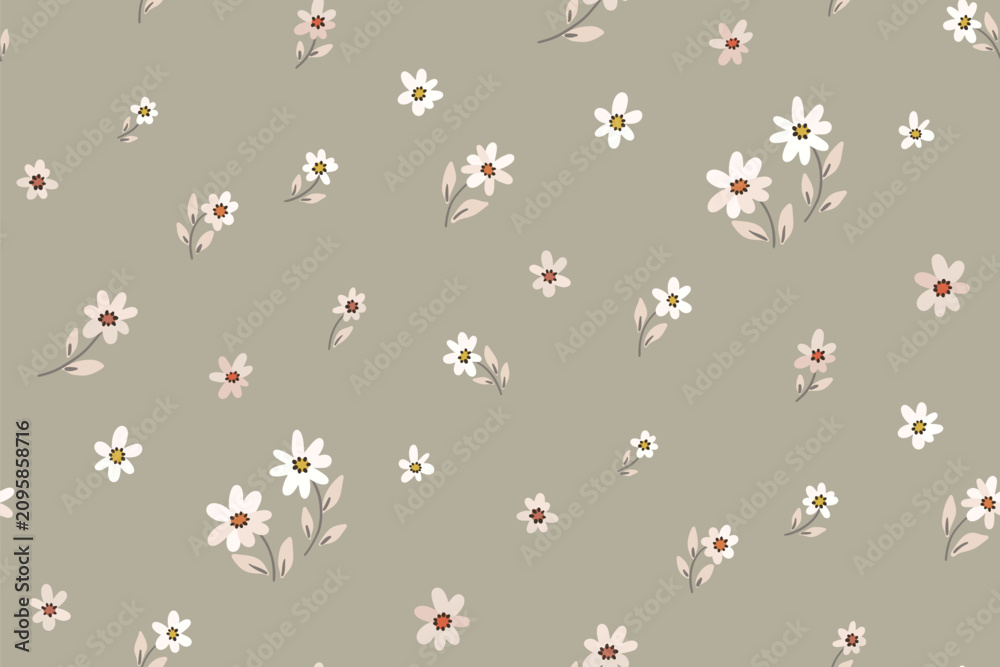Fototapeta premium Seamless floral pattern, liberty ditsy print in delicate neutral colors. Cute botanical pattern of small hand drawn daisy flowers, tiny leaves, mini simple plants on green field. Vector illustration.