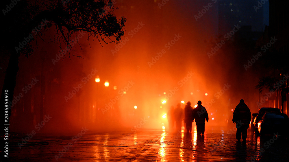Fototapeta premium People walking through a smoke filled city street glowing orange from a raging urban fire disaster and emergency concept