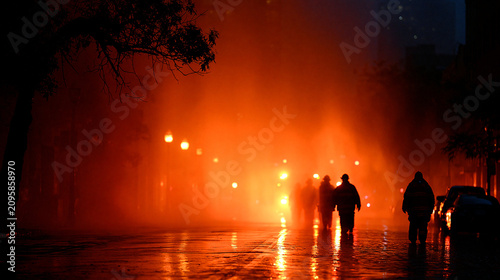 People walking through a smoke filled city street glowing orange from a raging urban fire disaster and emergency concept