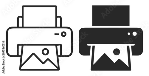 Konstfotografi Black and white printer icons with a photo printout, line and solid style on tra