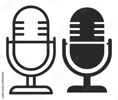 Black and white vintage microphone icons with stand outline and solid style on transparent background
