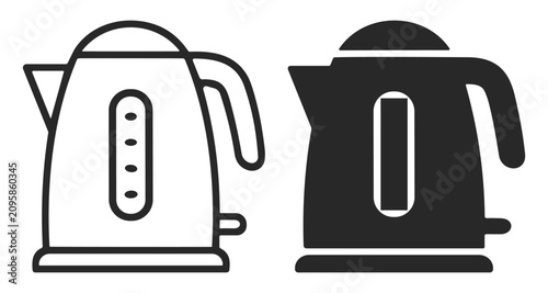 Black and white electric kettle icon set with outline and solid styles on transparent background