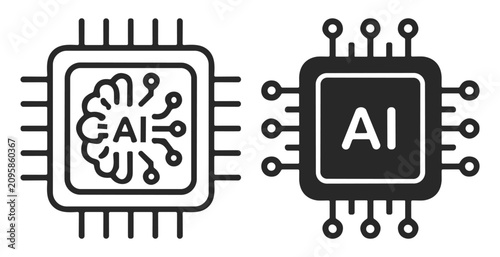 Artificial intelligence chip circuit icon set with brain and microchip design in black and white on transparent background