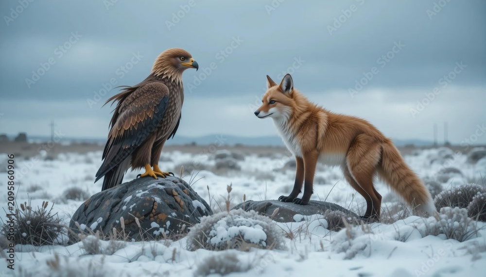 Fototapeta premium Golden Eagle and Fox in Snowy Landscape