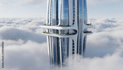Futuristic skyscraper emerging above the clouds showcasing visionary architecture and elevated design blending technology, sustainability and breathtaking sky-high lifestyle
