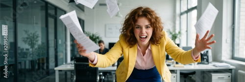 Fierce young woman screams across her desk in a bright modern office.