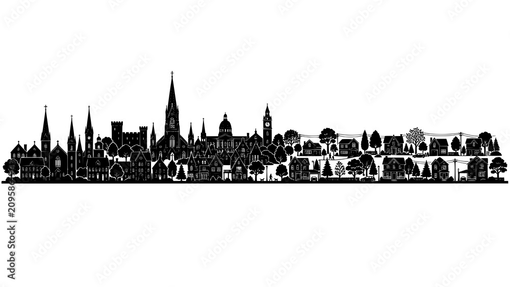 Obraz premium Detailed panoramic townscape silhouette featuring buildings and residential homes