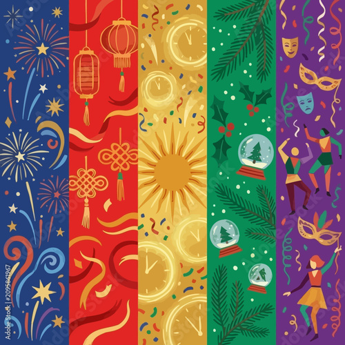 Colorful vertical pattern strips for various celebrations and festivals.