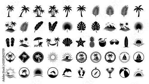 Photos Tropical beach icon set with palm trees sun surfboard and vacation elements