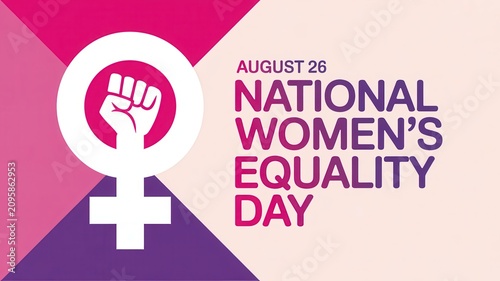 National Women's Equality Day banner with Venus symbol and raised fist, celebrating August 26
