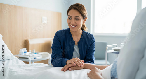 A caring female nurse comforting and holding a patient's hand in a hospital room