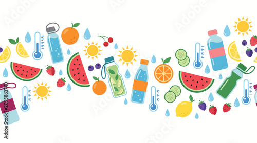Schilderij op canvas Vibrant summer hydration pattern with fruits, water bottles, and weather icons, concept for healthy lifestyle and wellness promotion, perfect for health blogs, product packaging, and event banners