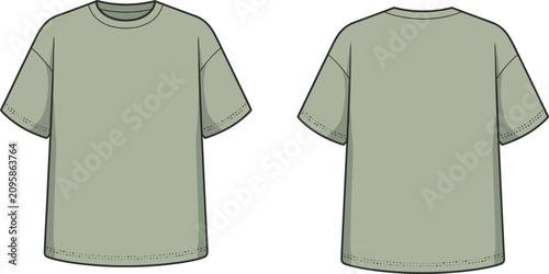 Minimalist olive green oversized t-shirt front and back view vector mockup, blank apparel template for fashion branding, print design, clothing