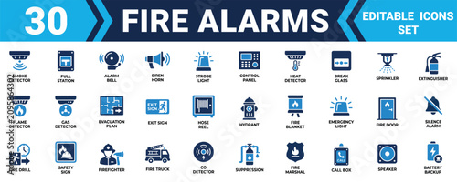 Εκτύπωση καμβά Collection of thirty fire alarm and safety equipment icons for building protection and emergency systems Minimal solid fill icon set bundle collection