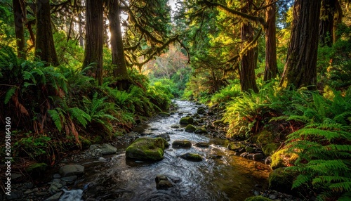 Sunlight filters through mossy forest trees onto a rocky stream bed surrounded by dense ferns and wild greenery