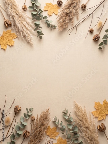 Autumn Flat Lay Border with Dried Pampas Grass and Leaves