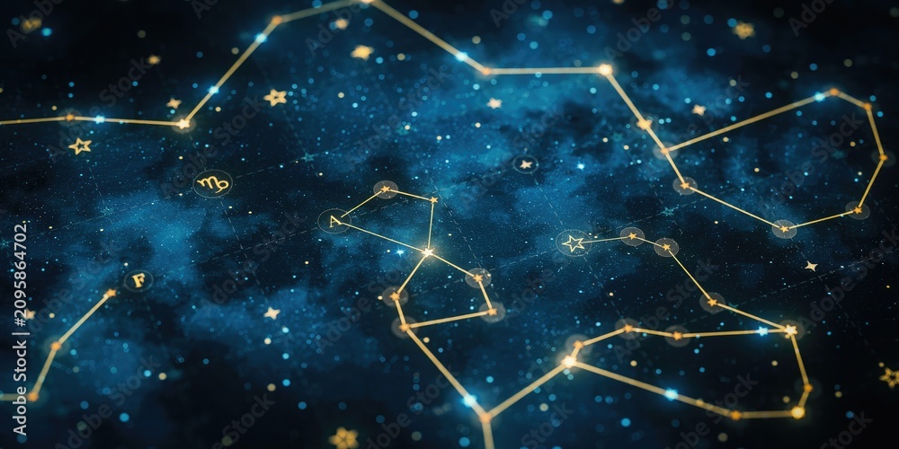 Fototapeta premium Constellation map with golden connecting lines on a dark blue nebula background