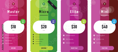 Foto four pricing table card designs offering master micro elite and mini plans with discounts and monthly billing for digital services and software subscriptions