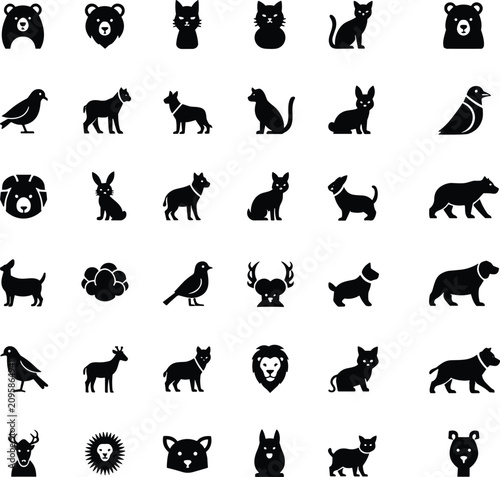 Photography Animal Silhouette Icon Bundle Vector Set Featuring Wild Domestic and Forest Anim