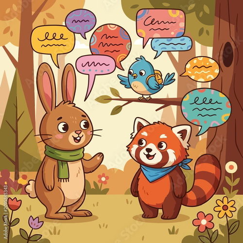 Cute cartoon forest animals with speech bubbles illustration.