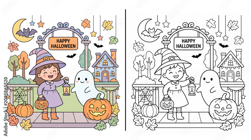 Fototapeta premium Soft Pastel Halloween Scene Coloring Pages for Preschool Kids with Colored Example and Clean Black Line Art Worksheet Isolated on Transparent Background