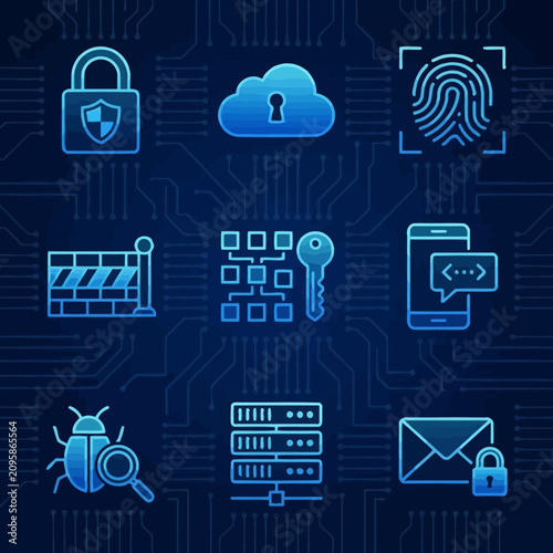 Cyber security and data protection technology icons on circuit.
