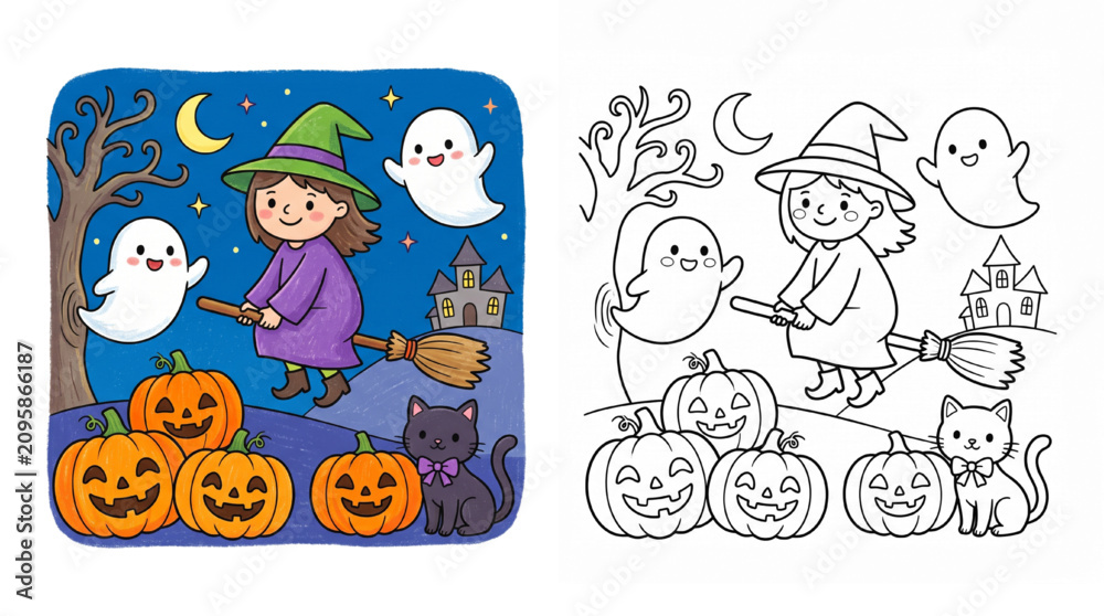 Fototapeta premium Pastel Halloween Coloring Pages for Preschool Kids with Colored Example and Clean Black Line Art Worksheet Isolated on Transparent Background